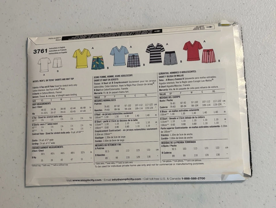 Simplicity It’s So Easy 3761 Size XS - XL Misses, Men’s Or Teens Shorts Or Top - Image 2 of 2