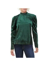 AQUA Womens Green Sheer Pinstripe Long Sleeve Keyhole Top S