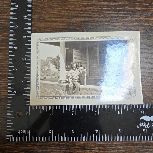 Vintage B&W Photo Snapshot of Young Woman w/ Family Dog on Front Porch - Picture 12 of 12