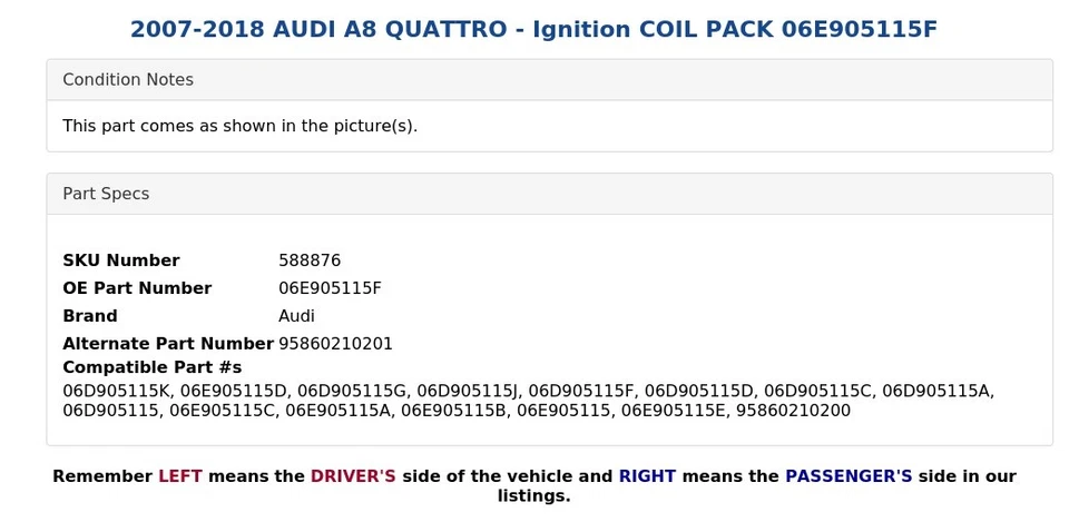 AUDI A8 QUATTRO 2007-2018 - Paquete de bobina de encendido 06E905115F Foto 4 de 4