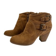 Crown Vintage Brown Suede Buckle Ankle Boots Block Heel Women Size 8M