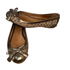 COACH SOPHIA BALLET FLATS METALLIC SILVER LEATHER SIG.CANVAS SIZE 8