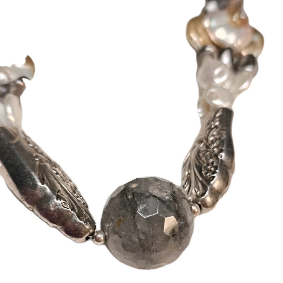 Antiguo collar de plata pesada con cuentas de bola de flourita diseño plata perla enorme 21" Foto 3 de 4