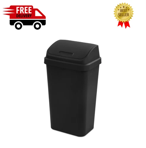 13 Gallon Trash Can, Plastic Swing Top Kitchen Trash Can, Black