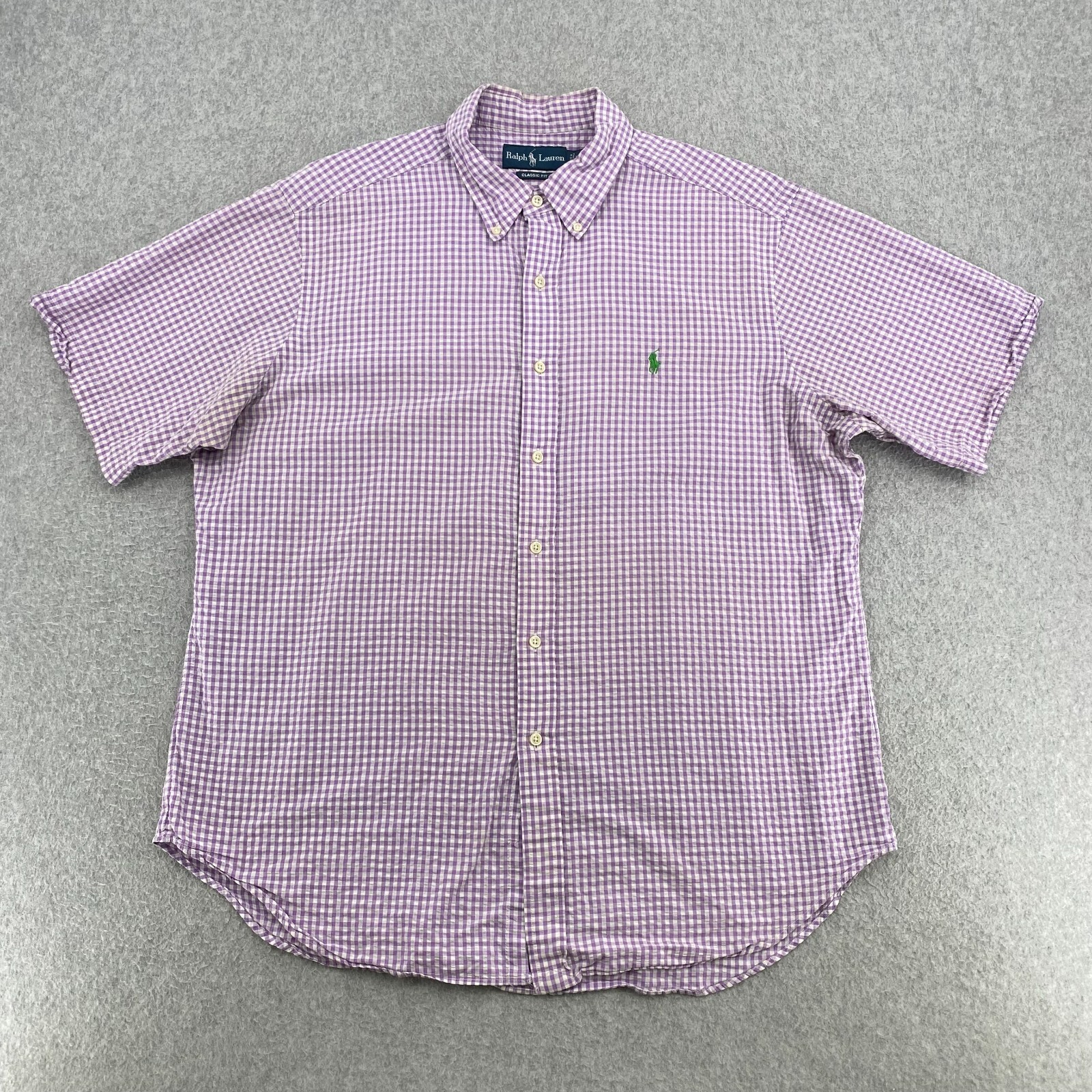Polo Ralph Lauren Shirt Mens XL Purple Check Seersucker Short Sleeve Classic Fit