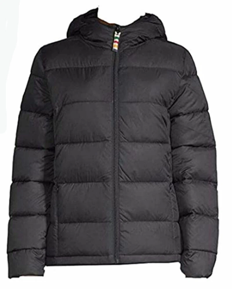 Hudson s Bay Company Hooded Down Puffer Jacket Medium Black Striped Lining