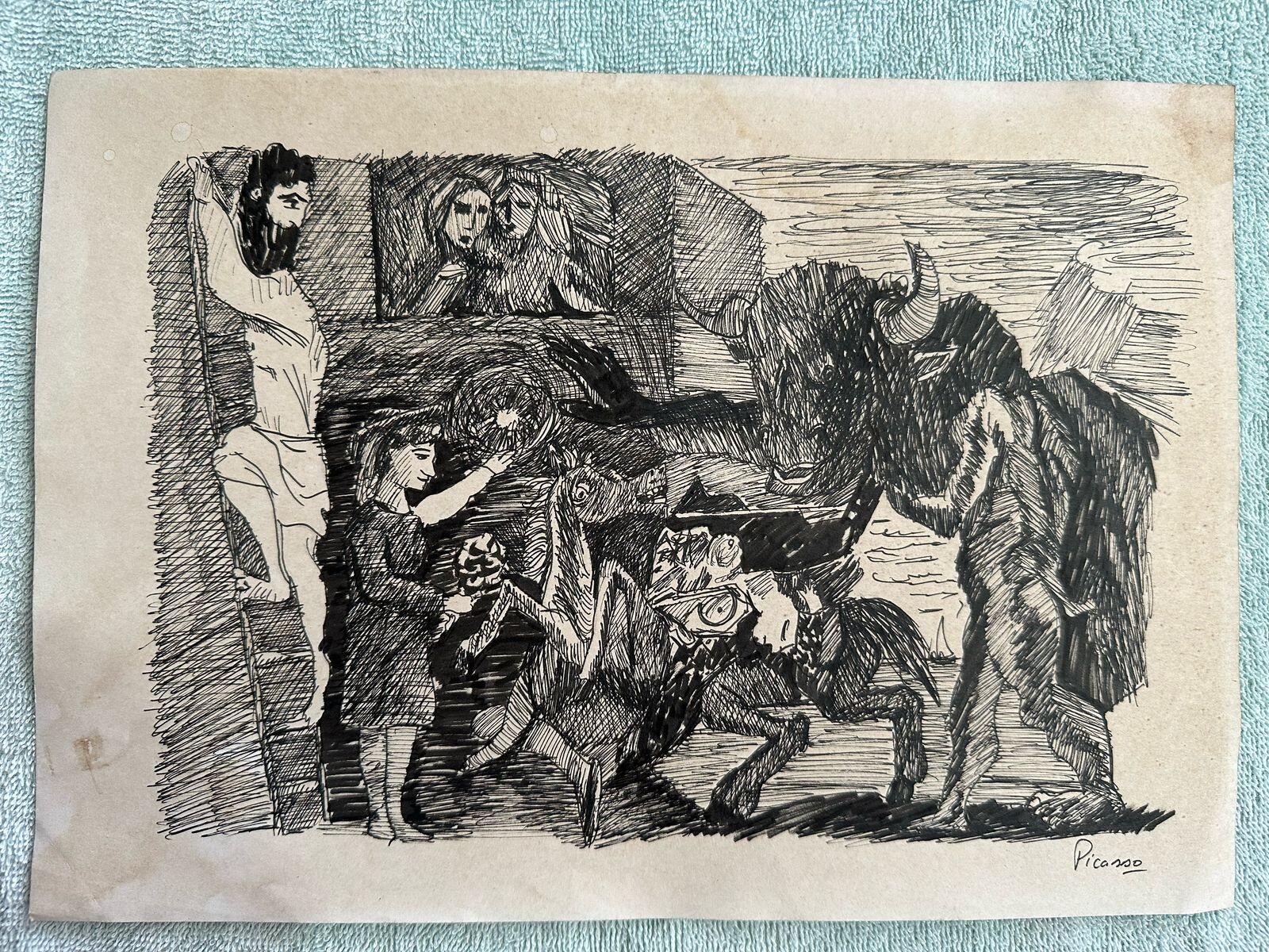 PICASSO drawing and painting on old paper signed stamped vintage