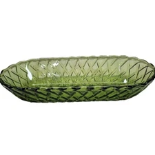 Indiana Glass Dish Basket Weave Oval Candy Celery Avocado Green Olive Vtg MCM