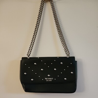 VICTORIA SECRET BLACK WITH STUDS FAUX LEATHER CROSSBODY/SHOULDER HANDBAG  /EUC