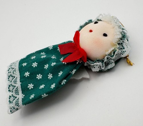Primitive Christmas Angel Tree Ornament Green Floral Dress Folk Art Fabric - Picture 4 of 6