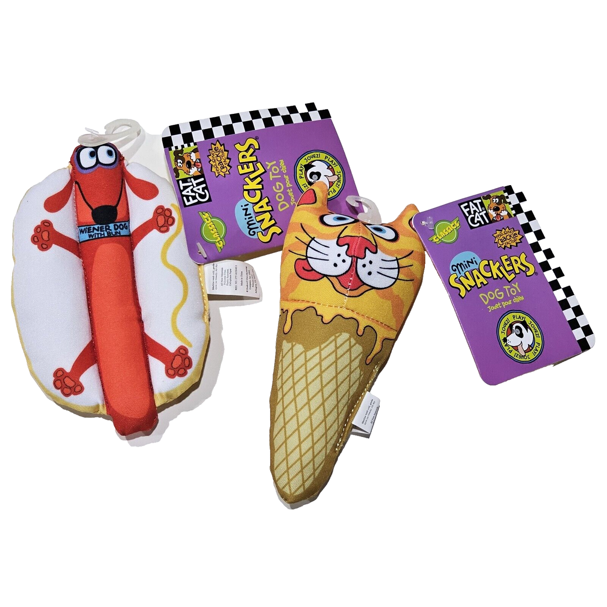 2 Pack Fat Cat Mini Snacklers Dog Toy Crackle Squeak Hotdog Ice