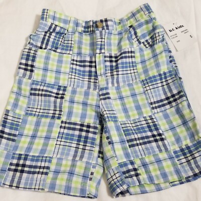 NWT BT Kids Boys Plaid Shorts Size 5 Blue Green Patchwork Elastic Back