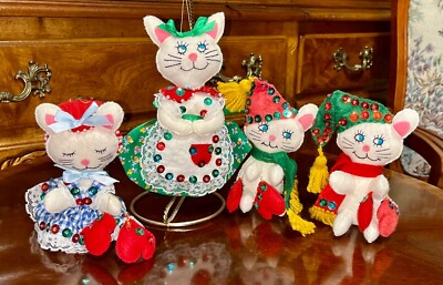 4 Bucilla Cat Little Kittens Felted Christmas Ornaments Detailed Pearls Sequins