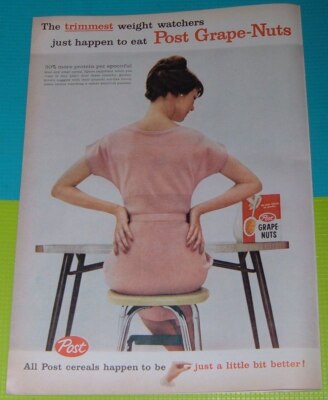 1959 PRINT AD / POST GRAPE NUTS CEREAL / SLIM WOMAN NICE FIGURE PINK DRESS