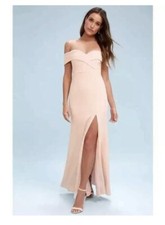 Lulus Song of Love Blush Pink Off Shoulder Side Slit Maxi Bridesmaids Dress SZ L
