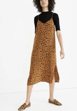 NWOT Women's MADEWELL Silk Eva Side-SlitSlip Dress Leopard Party Silk 8 Petite