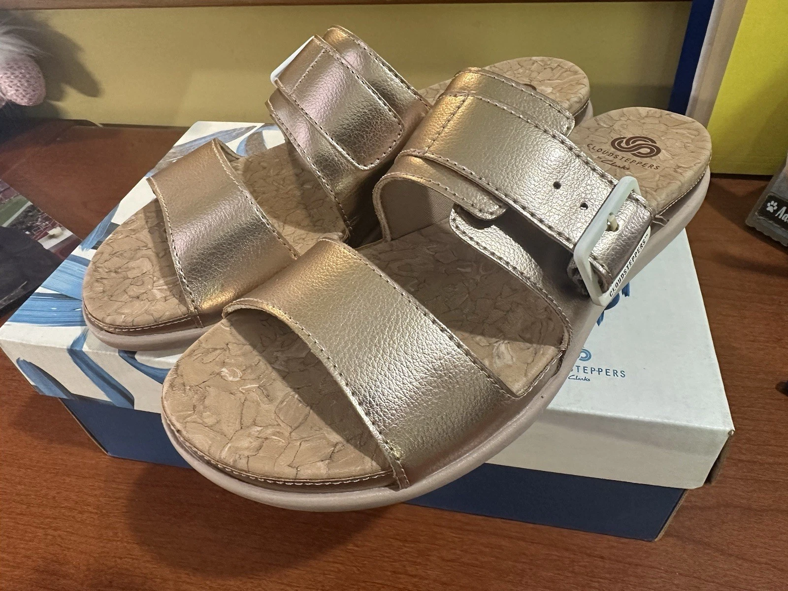Clarks Step June Tide sandalo donna slide oro rosa taglia US 8 NUOVO CON SCATOLA