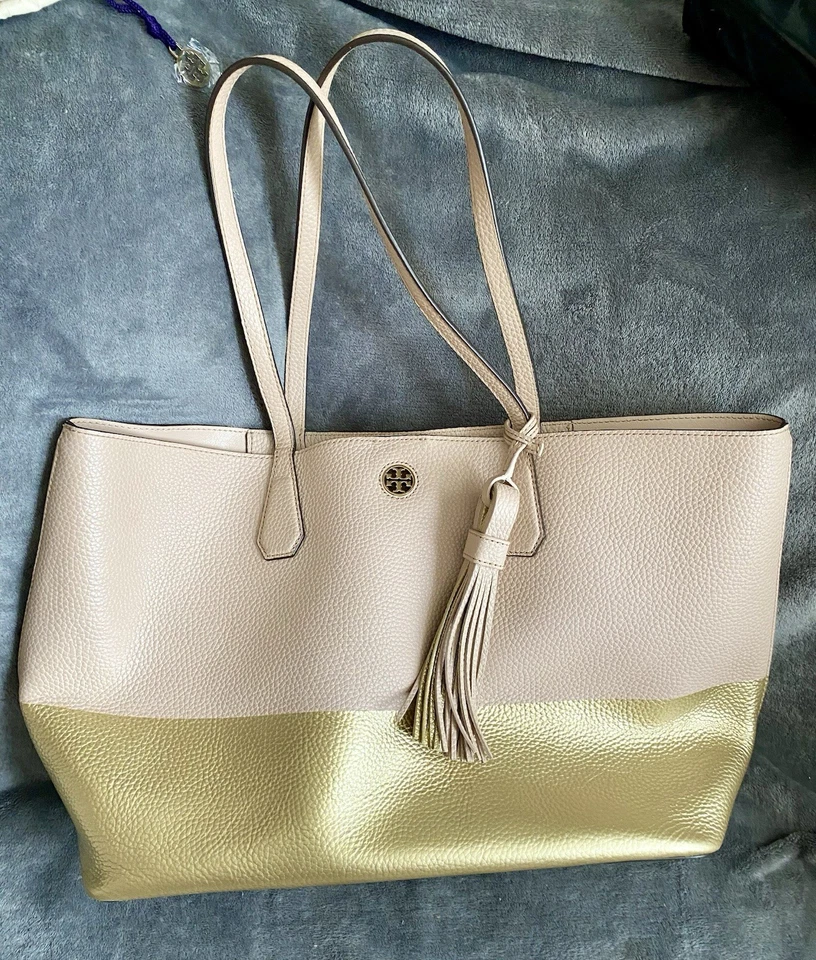 Tory Burch Perry Color Block 托特包浅粉色金属金色大号 VGC  — 第 2/4 张图片
