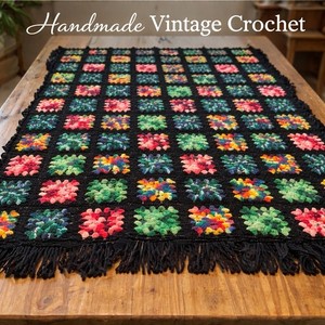 Vintage Handmade Granny Square Crochet Blanket Throw Black Multicolor Fr1nge