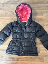 Hanna Andersson Puffer Down Feather Jacket Girls 100 Sz 4 Black Pink Lining Zip