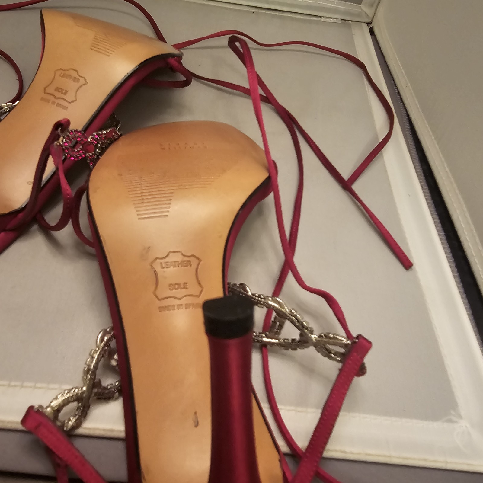 Stuart Weitzman Ruby Red Satin Gladiator 4" High … - image 17