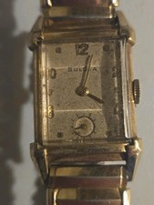 Bulova Mens Rectangle Dress Watch 10K Gold Filled Gold Dial Arabic Expansion