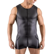 Patent Leather Sleeveless Jumpsuit for Men Sexy Clubwear Costume Black