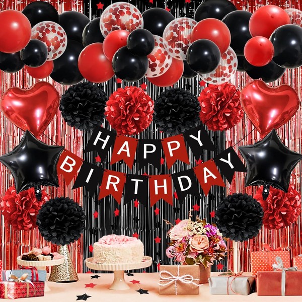 Geburtstagsdeko Rot Schwarz Happy Birthday Girlande Pompons Luftballons Party-image