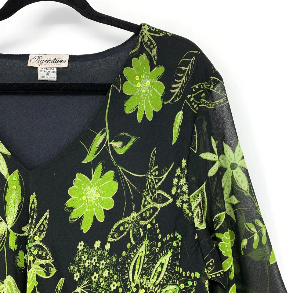 Vintage Signature JMD V-Neck Blouse Womens Size 1X Black Green Sequined Floral - Image 3 of 4