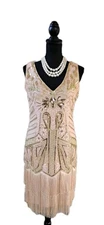  Babeyond Dress L Mesh Peach Pink Fringe Flapper V Neck Bead Fringe Costume 8 10