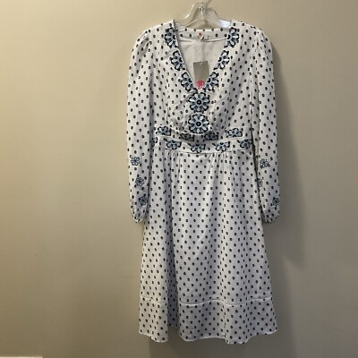 Boden Petite Flossie Swiss Dot Embroidered Floral Midi White and Blue Size 2
