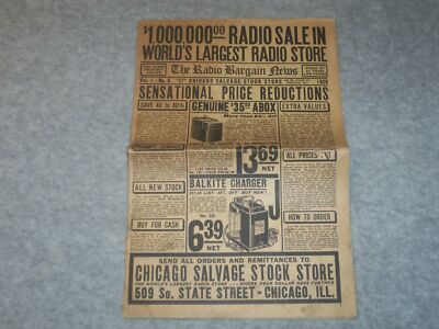 1929 THE RADIO BARGAIN NEWS - CHICAGO SALVAGE STOCK STORE CATALOGUE - J 6329
