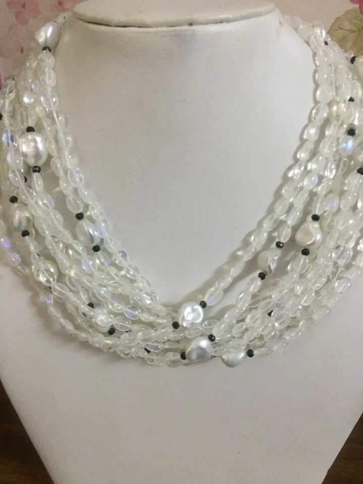 Collar de perlas barrocas de piedra lunar arco iris de 9 hilos, cuentas de piedra lunar, joyería nupcial Foto 3 de 4