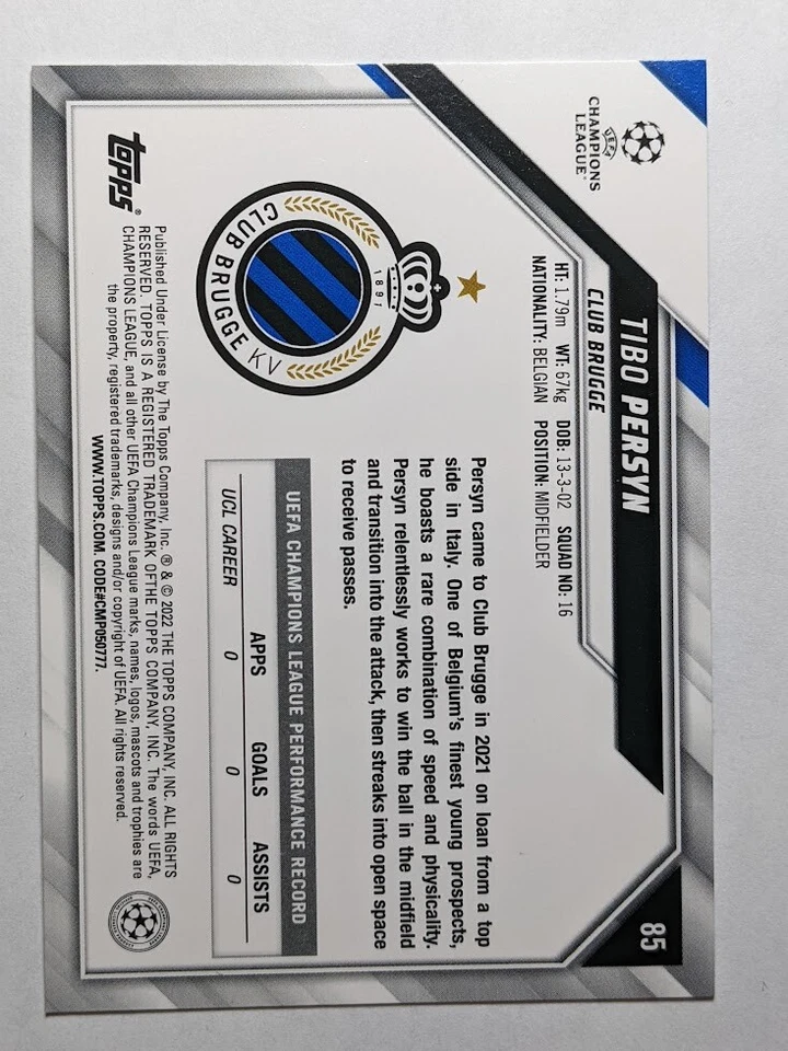 2021-22 Topps UEFA Champions League #85 TIBO PERSYN Rookie RC - Image 2 of 2