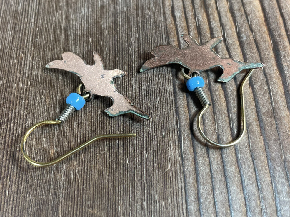 Solid Copper Turquoise Pierced Earrings Roadrunne… - image 4