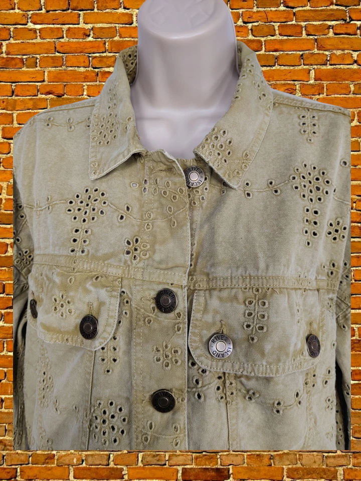 CHAQUETA ABRIGO MUJER RIVER ISLAND PEQUEÑA OVERSIZE TOSTADA BRODERIE ANGLAISE CROP DENIM Foto 3 de 4