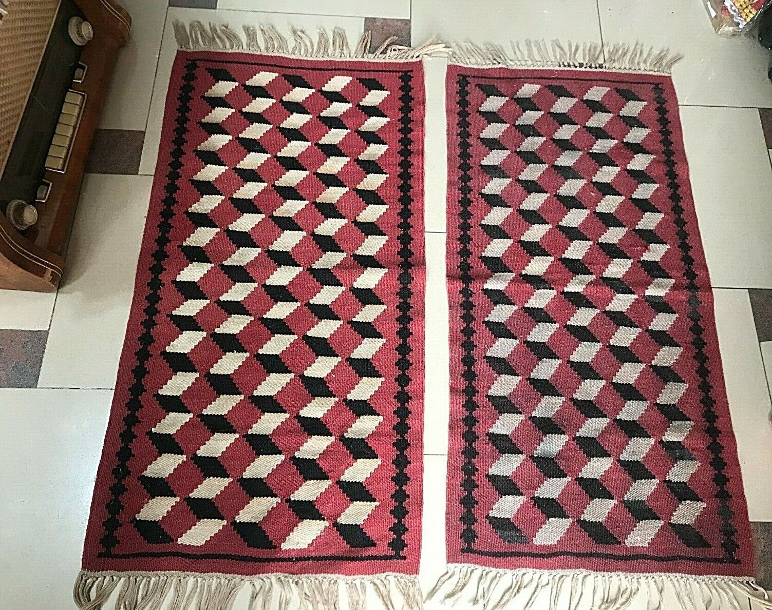 Old  Albanian traditional set carpet kilim dark red carpet rug-92 cm x 48 cm-rr 