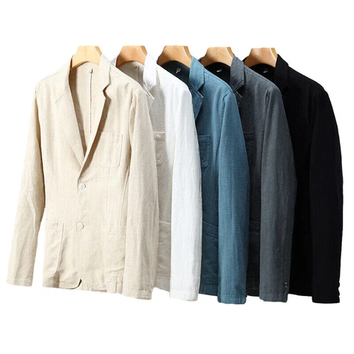Herren Lässig Baumwolle Leinen Blazer Zwei Knopf Anzug Formell Business Jacke Slim Fit - Bild 6 von 28