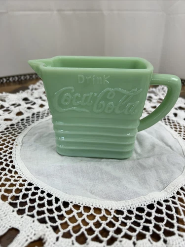 Vtg Art Deco Green Jadeite Glass Drink Coca Cola Pitcher Milk Glass 3.75" Tall