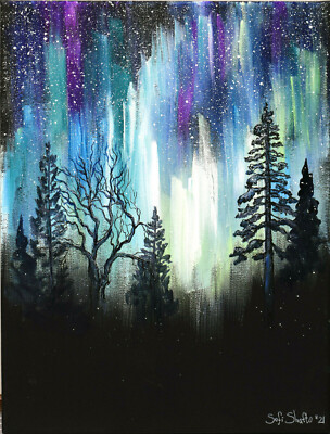 Northern Lights Painting Aurora Borealis Original Landscape Night Sky Minnesota 