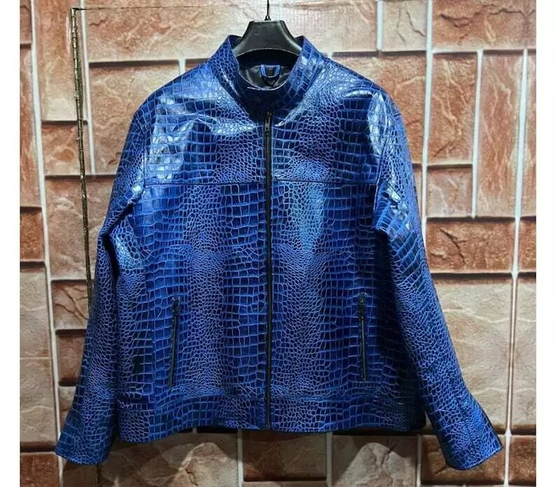 Genuine Handmade Men Mew Leather Jacket Crocodile Pattern Blue Motorbike Blazer