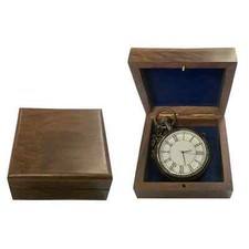 Antique Style Brass Pocket Watch Quartz Movement with Wood Box Retro Style Gift