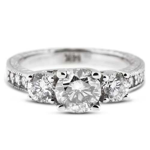4.09ct E-SI2 Round Natural Diamonds 18kw Gold Vintage Style Three-Stone Ring - Picture 14 of 24