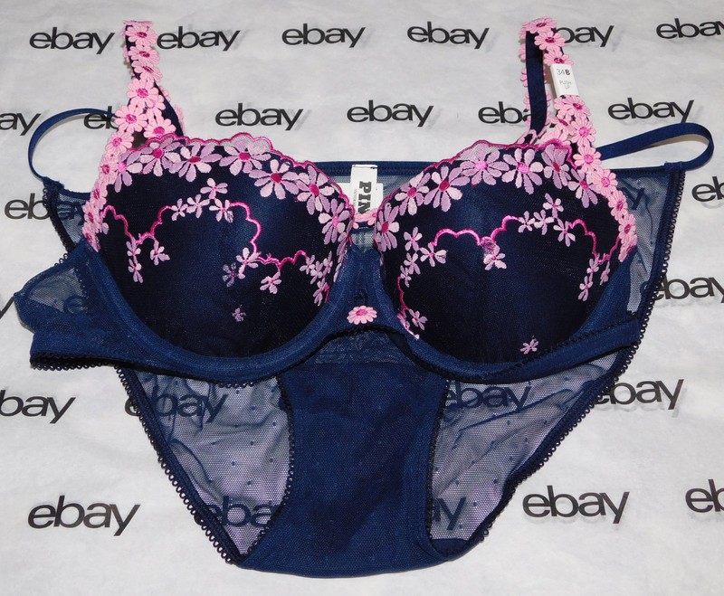 NEW Victoria's Secret Pink Wink Push-Up Bra 34B Daisy Lace & Bikini Set Med M VS