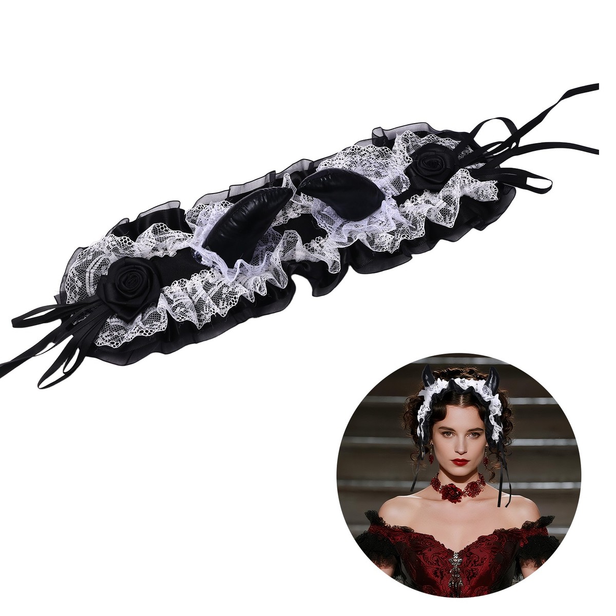 Womens Halloween Gothic Lolita Lace Devil Horn Headband 