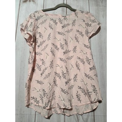 Loft Pink Botanical Sprig Print Button Back Flutter Sleeve Blouse Top Medium