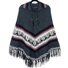 Alpaca Connection Alpaca Wool Poncho Shawl Gray Fringe One Size