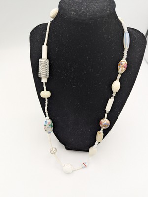 Vintage Murano Venetian Lamp work necklace Hand Painted Glass & Milk Glass Bead
