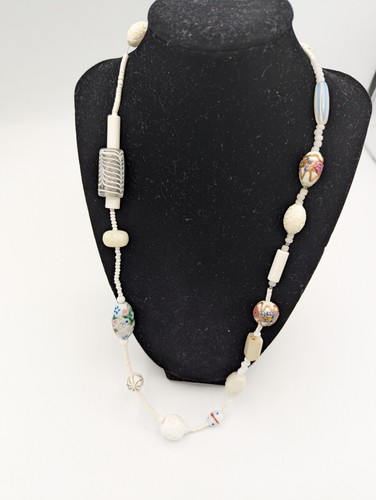 Vintage Murano Venetian Lamp work necklace Hand Painted Glass & Milk Glass Bead