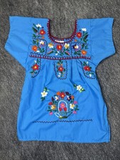 Authentic Floral Embroidered Mexican Dress Toddler 0 6-12mos  Blue Folk Art